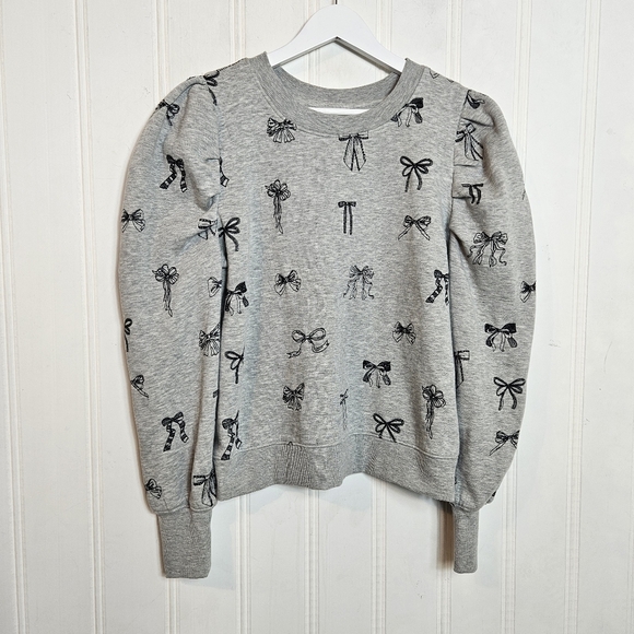 Anthropologie Casual Chic Gray Bow-Print Puff-Sleeve Sweatshirt - Picture 2 of 16